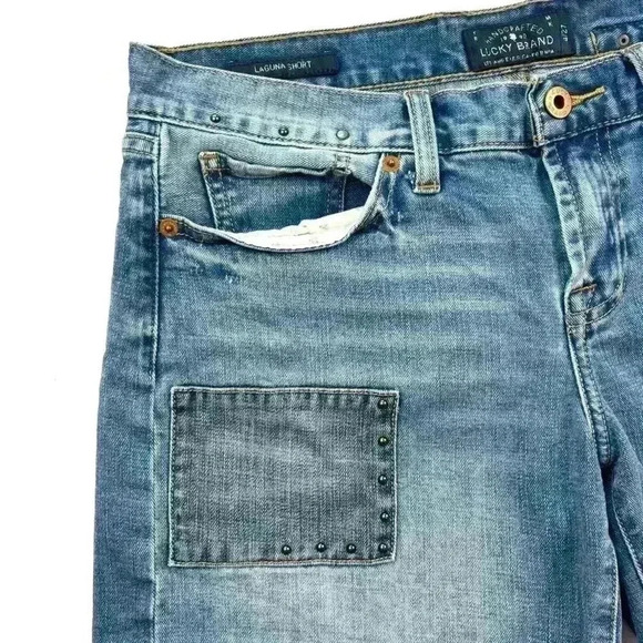 Lucky Brand Retro Faded Patchwork Whisker Frayed Denim Jean Shorts Size 4/27 - Picture 3 of 14